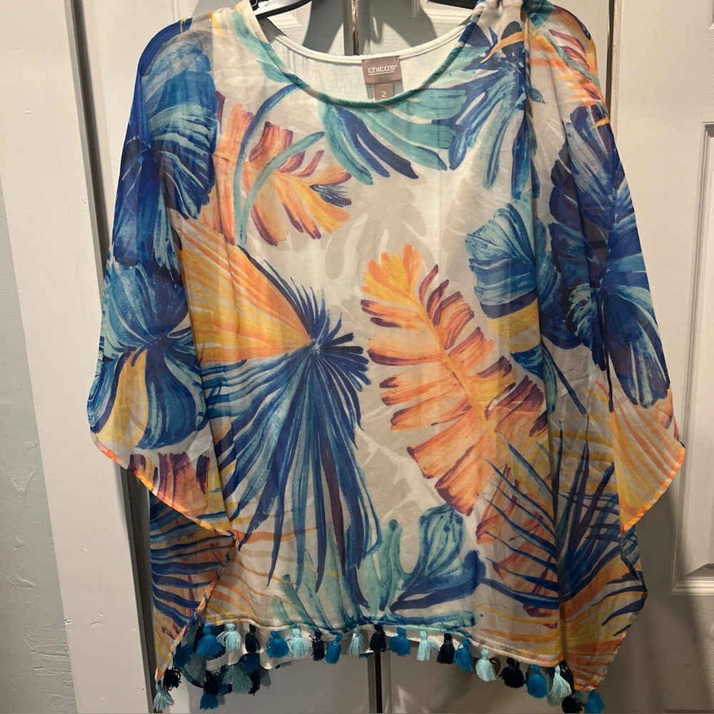 Chico's Jungle Palm Tassel Jayma Women’s S/S Tropical Top